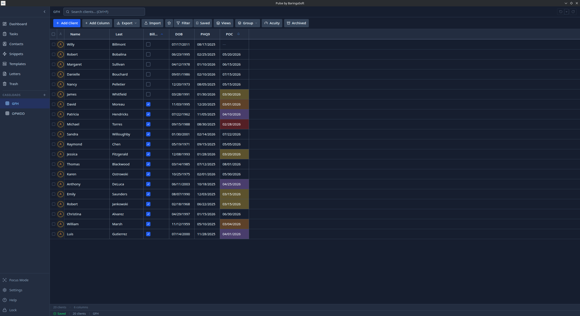 Baringa Pulse client list — grid view showing clients with name, billing date, DOB, PHQ9, and POC deadline columns, with urgent deadlines highlighted in color